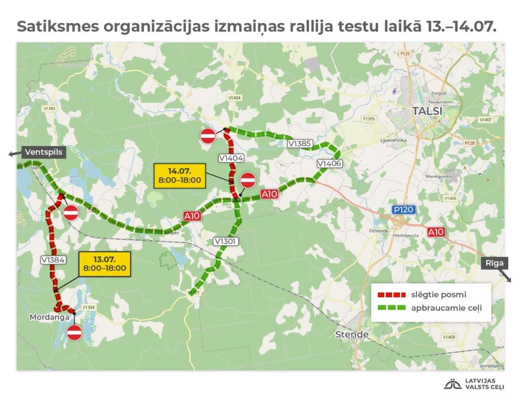Nedēļas nogalē Talsu apkārtnē rallija testu laikā būs slēgti atsevišķi vietējie autoceļi