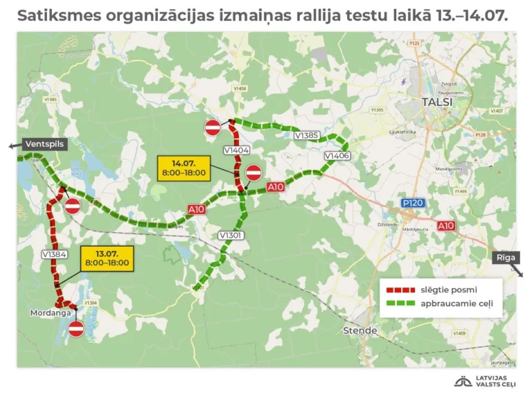 Nedēļas nogalē Talsu apkārtnē rallija testu laikā būs slēgti atsevišķi vietējie autoceļi