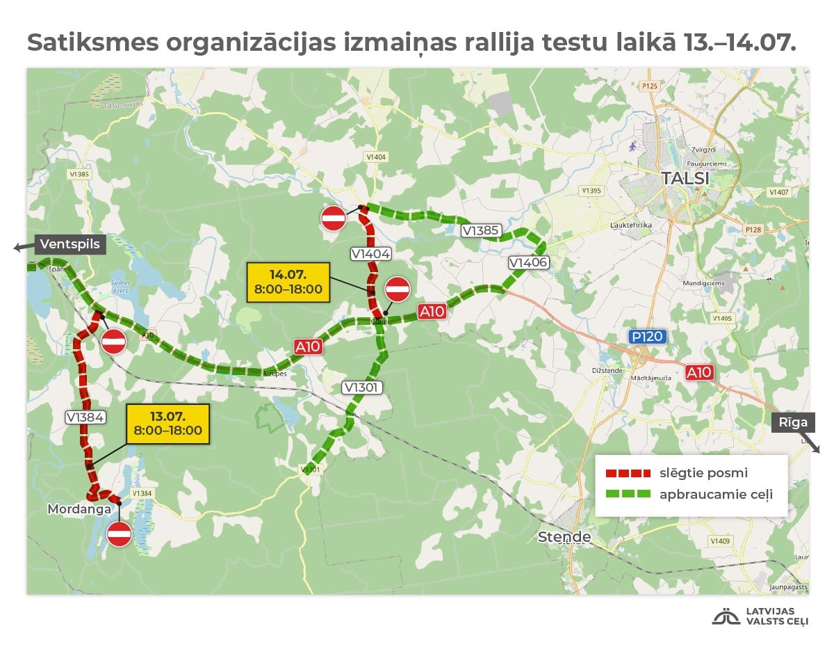 Nedēļas nogalē Talsu apkārtnē rallija testu laikā būs slēgti atsevišķi vietējie autoceļi
