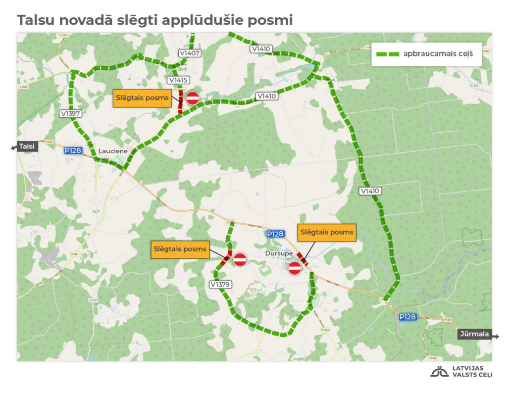 Satiksme novirzīta pa apbraucamajiem ceļiem